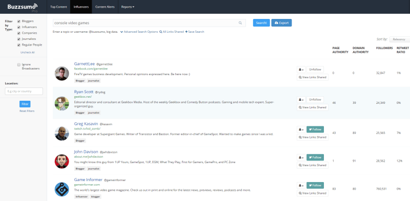 BuzzSumo influencers links page