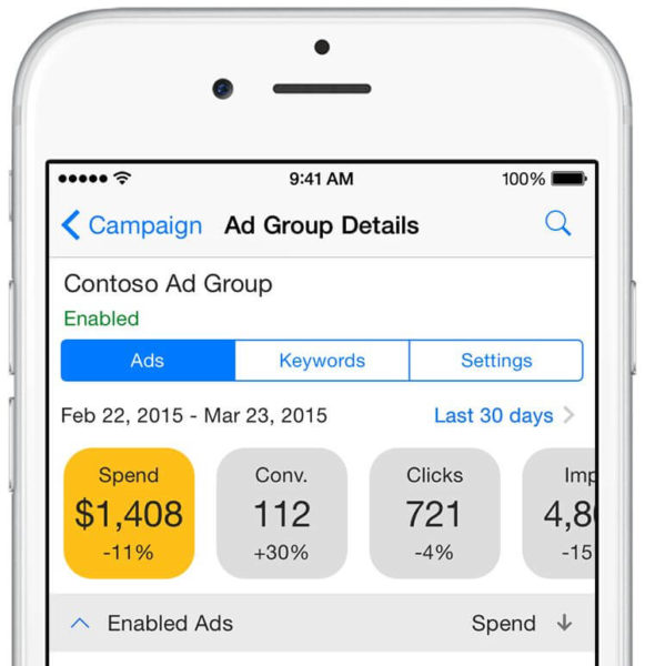 bing ads ios app ad group view