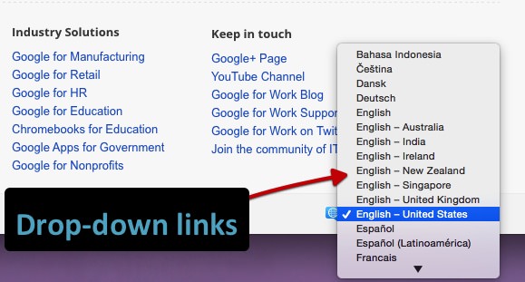 An example drop down language selector on a Google for Work page.