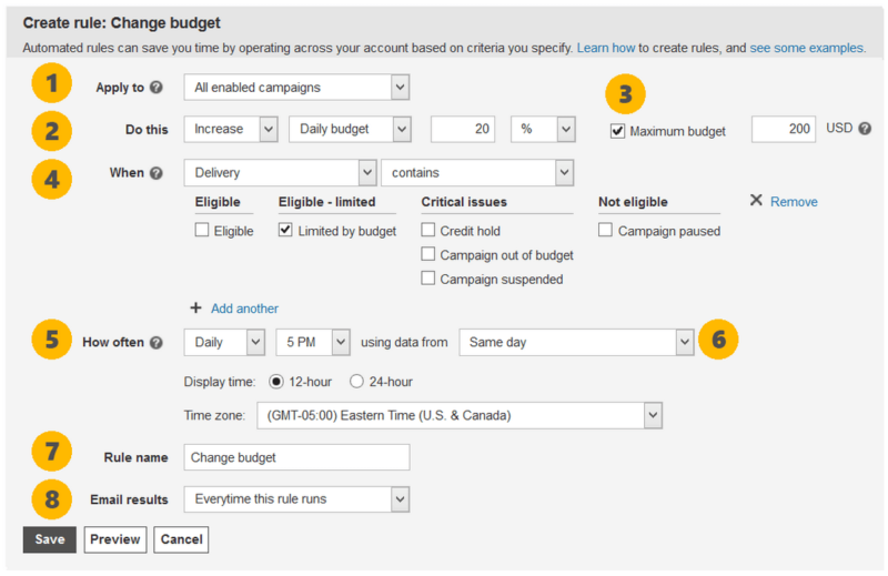 setting up bing ads automated rule