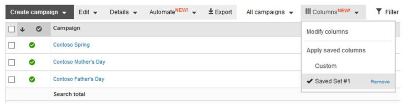 save columns in bing ads