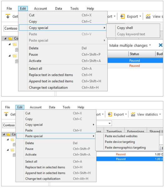 bing ads editor cut paste special