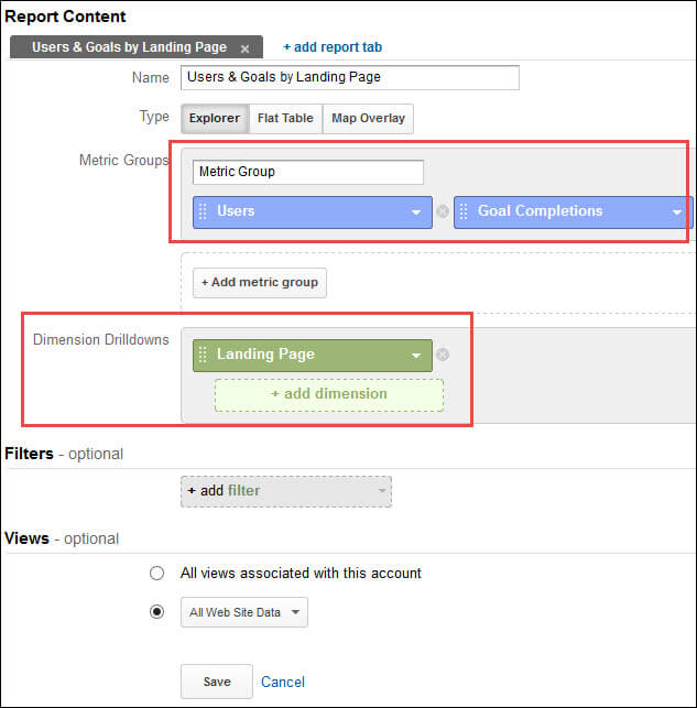 A screenshot of setting up a landing page report in Google Analytics.