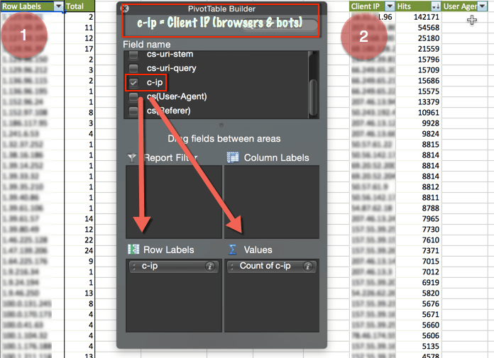 log files for seo and bad bots client IP pivot tables