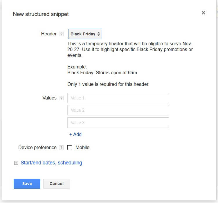 adwords structured snippet