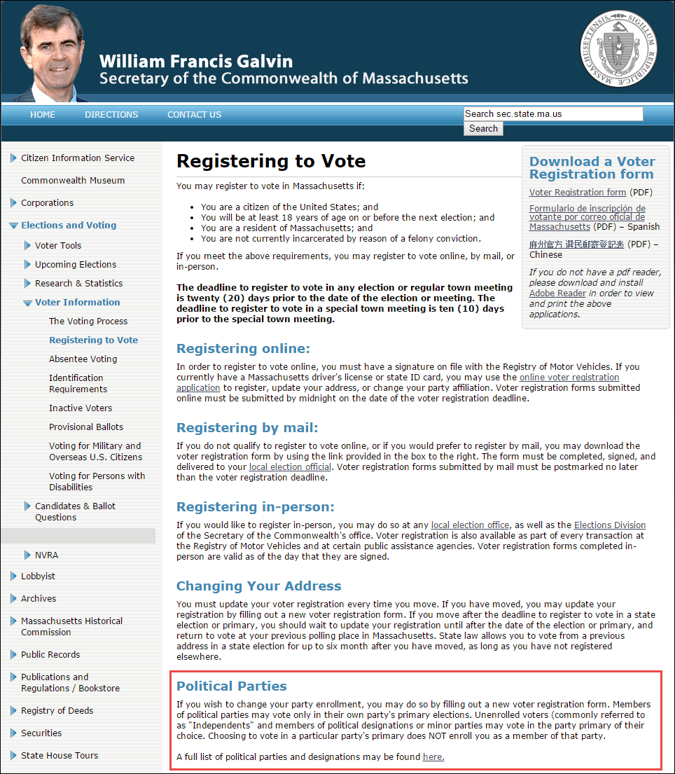 Massachusetts voter registration page screenshot