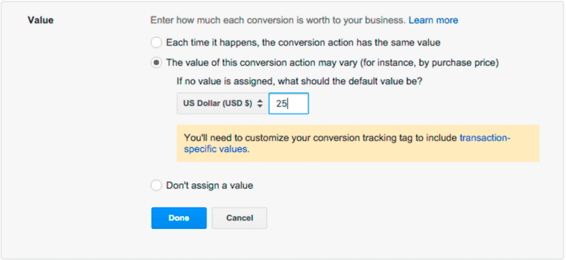 updating conversion value in adwords