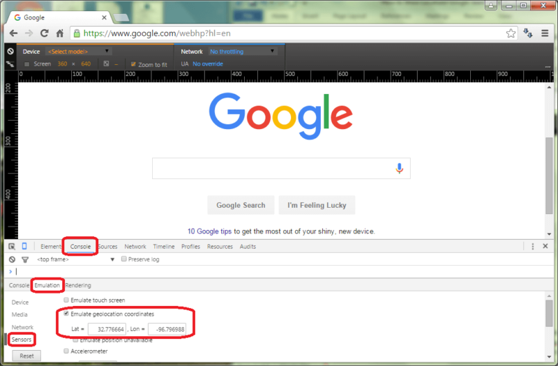 Google Chrome Emulate Geolocation
