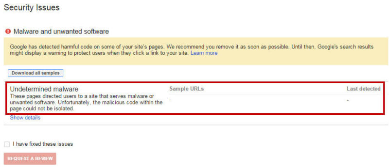 Malware Unwanted Software Google Search Console Warning