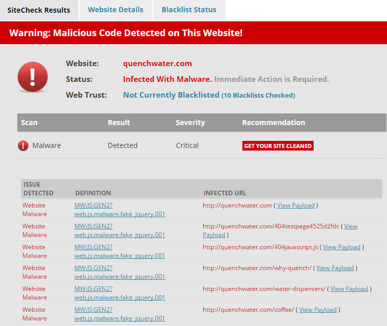 Sucuri Site Check Malware Detetcted