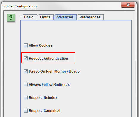 Request Authentication Setting in Screaming Frog