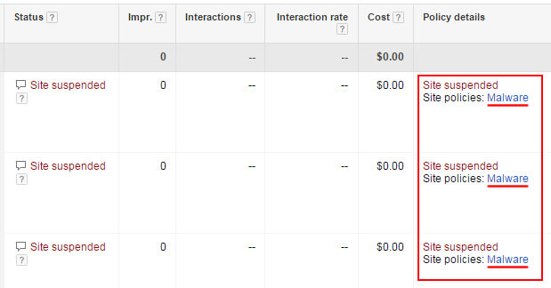 Adwords Site Suspended Malware