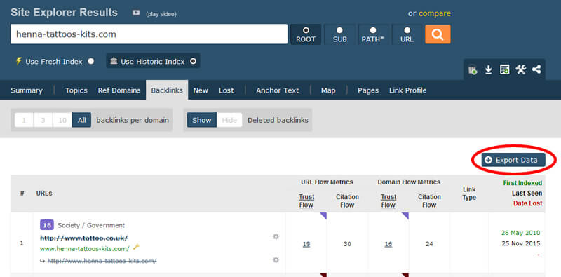 Exporting backlink data from Majestic.