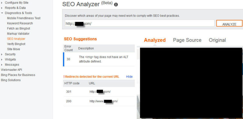 Bing Webmaster Tools SEO Analyzer Tool