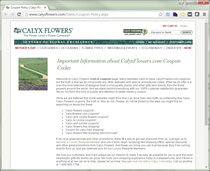 Calyx Flowers coupon page