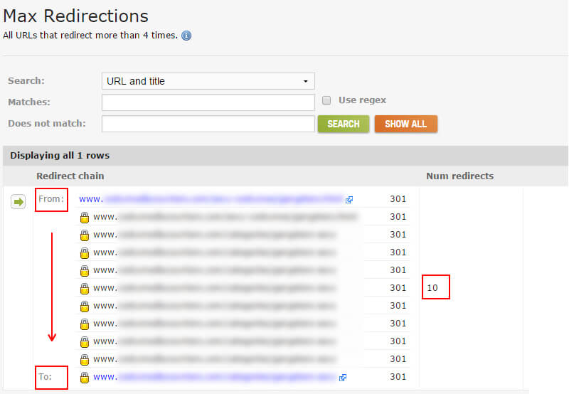 max redirections report in deep crawl