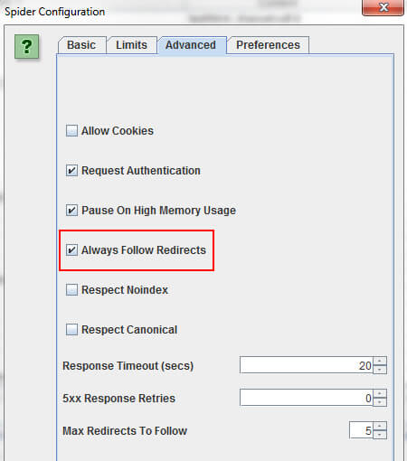 redirect chains settings in screaming frog