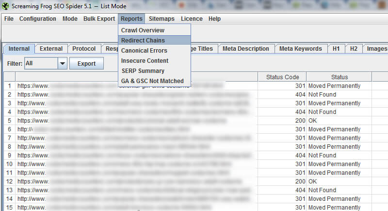 export redirect chains report in screaming frog