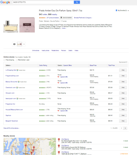 google shopping landing page for specific product