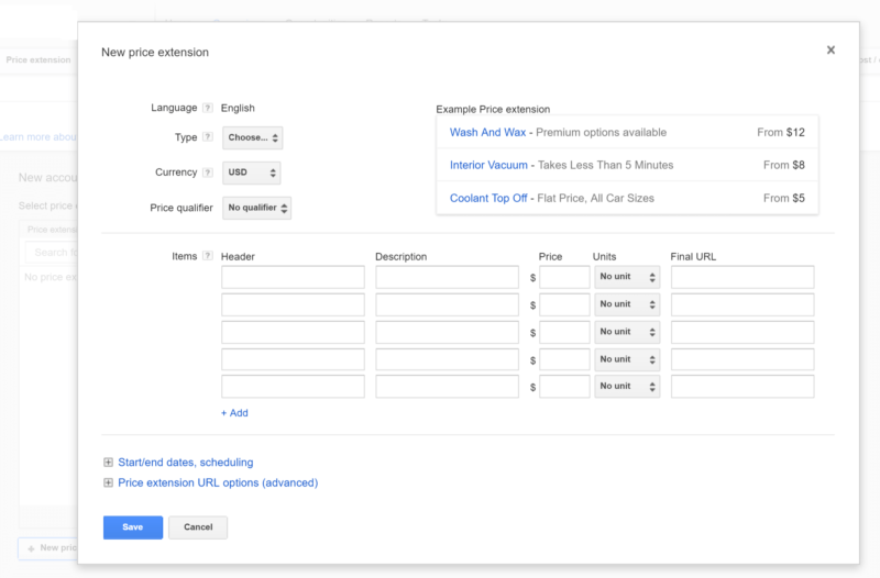 setting up price extensions google adwords