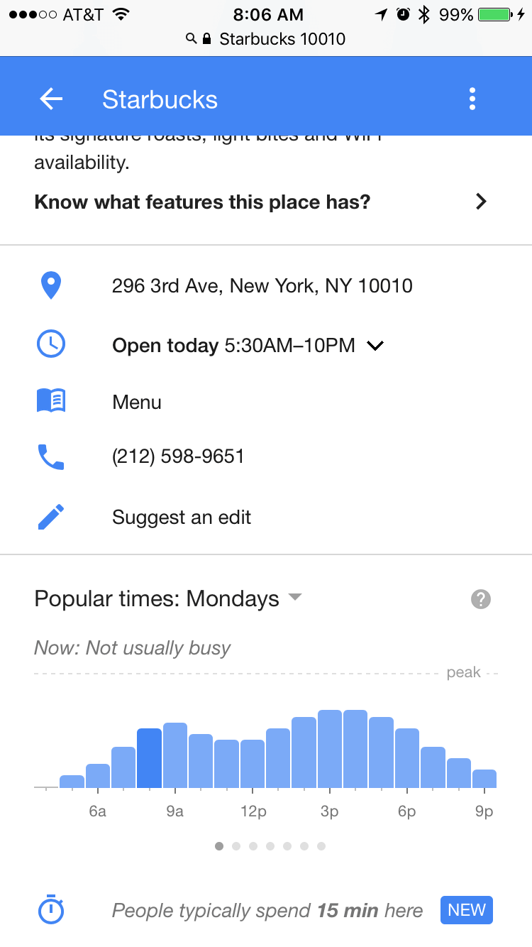 Google Maps showing how long people typically spend at a store