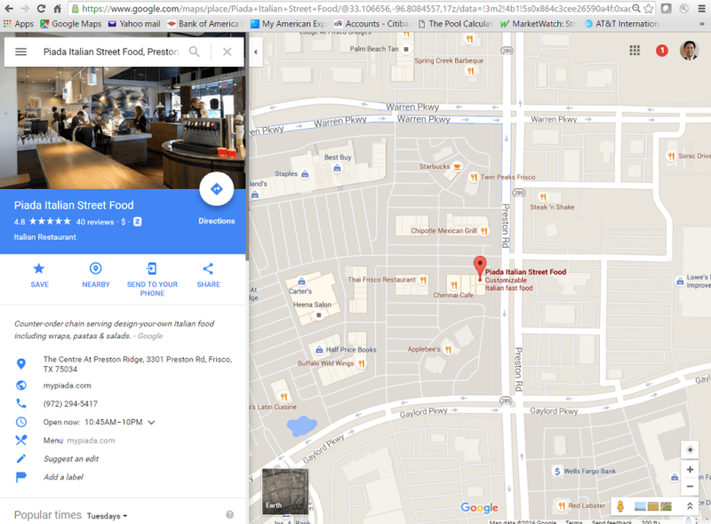 Google maps result for Piada Italian Street Food