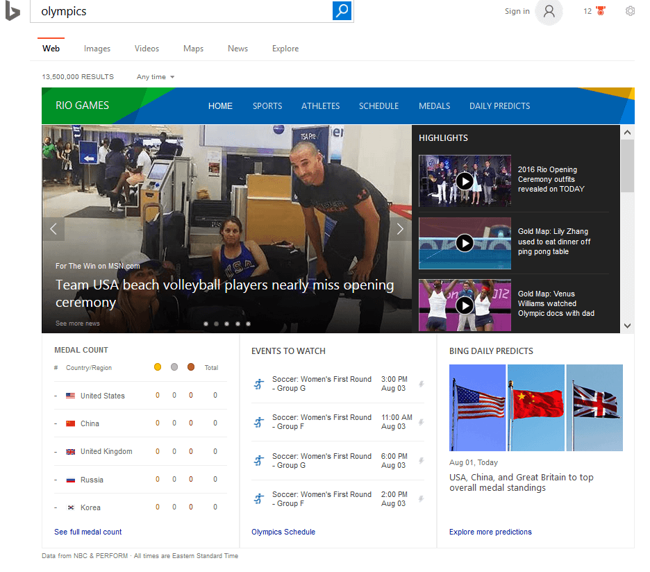 Bing Olympics search