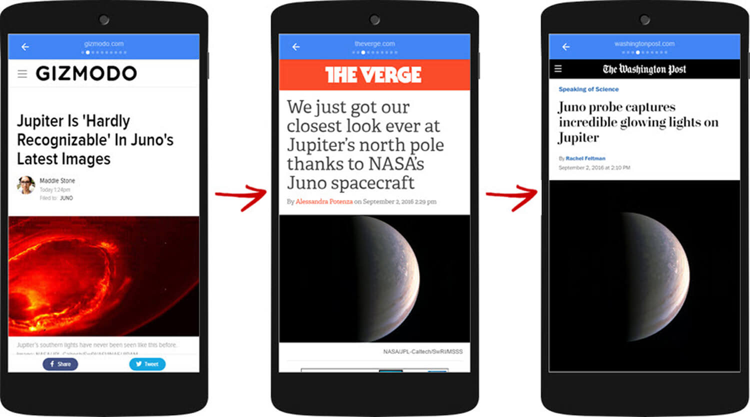 Users swipe through content from multiple publishers in Google’s Top Stories AMP viewer.