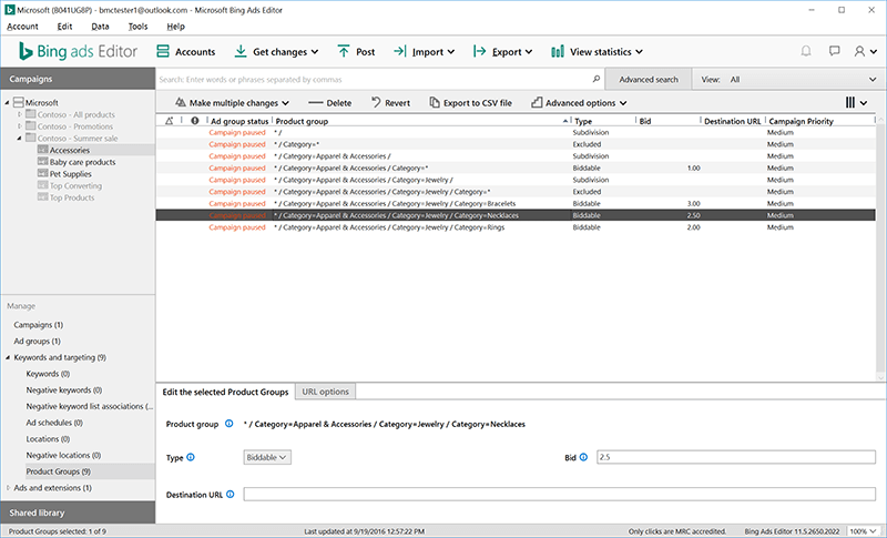 bing ads editor shopping campaign product groups