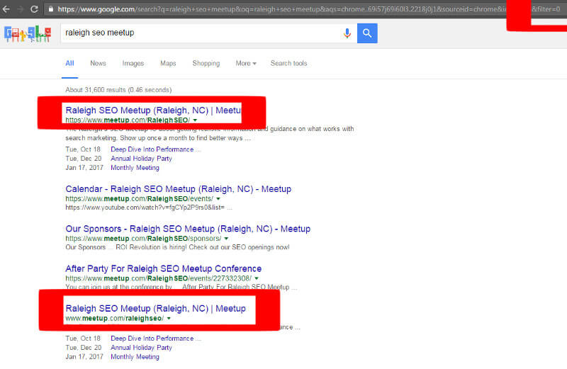 Raleigh SEO Meetup SERPs showing duplicate content filtering