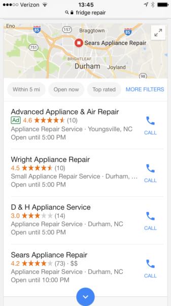 Fridge Repair Local SERP