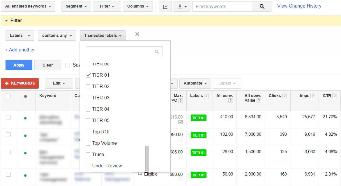 Creating Keyword Tiering Filters