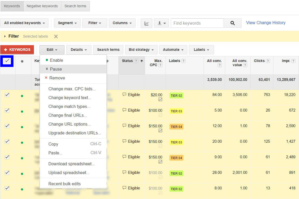 Turning Off Keyword Tiers