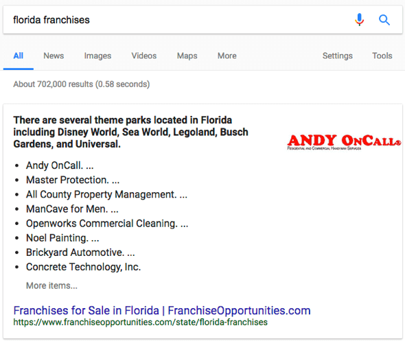 Florida Franchises Answer Box