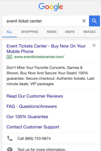 Event Ticket Center Google Ad