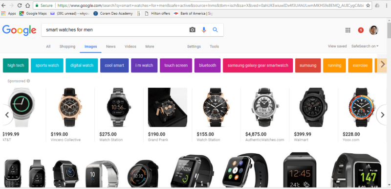 Search results for "smart watches for men" displays Product Listing Ads (PLA) in carousel above Google image results