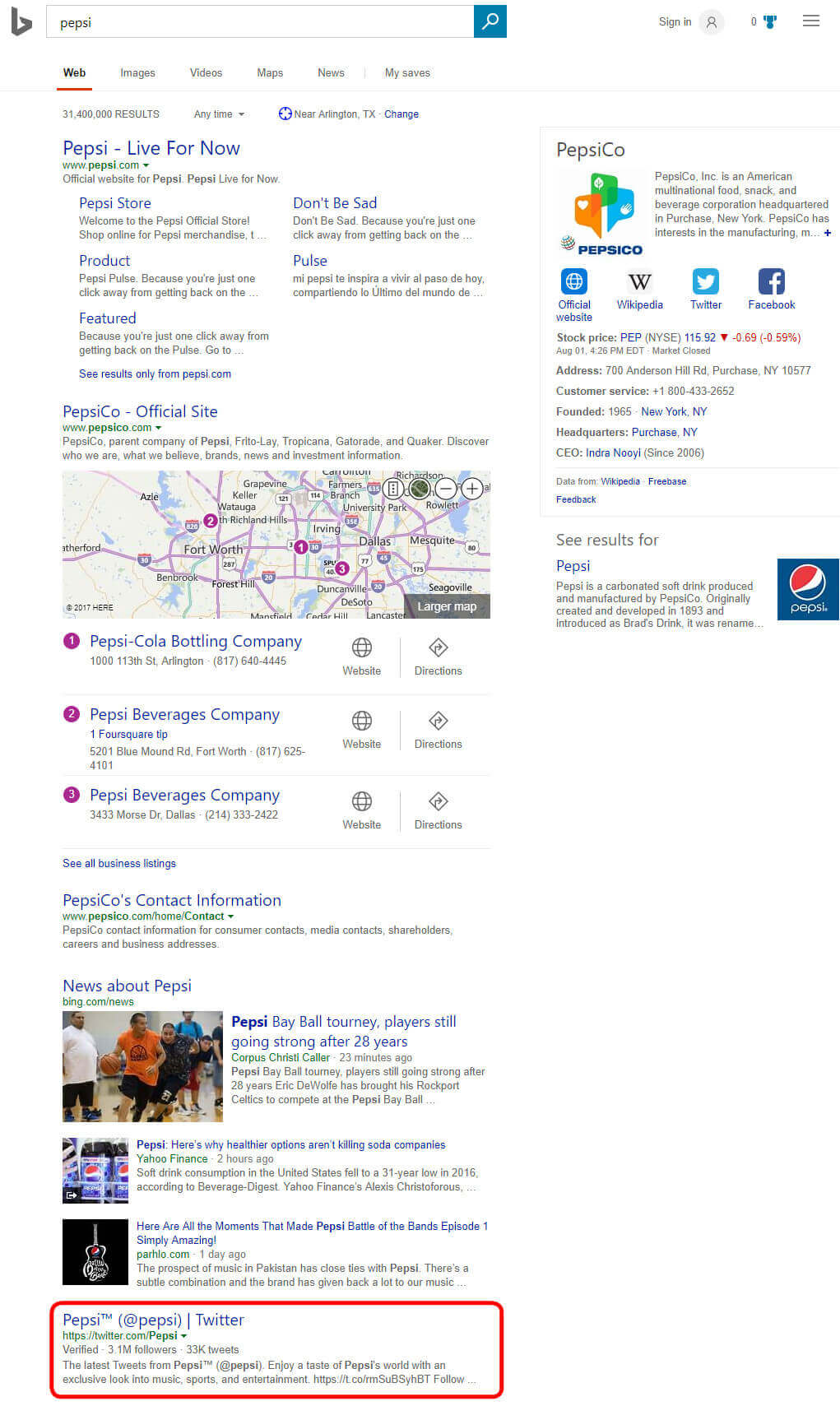 Bing 搜索结果中的百事可乐 Twitter 帐户