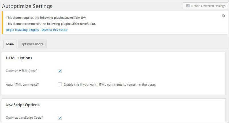 A screenshot of the Autoptimize WordPress plugin