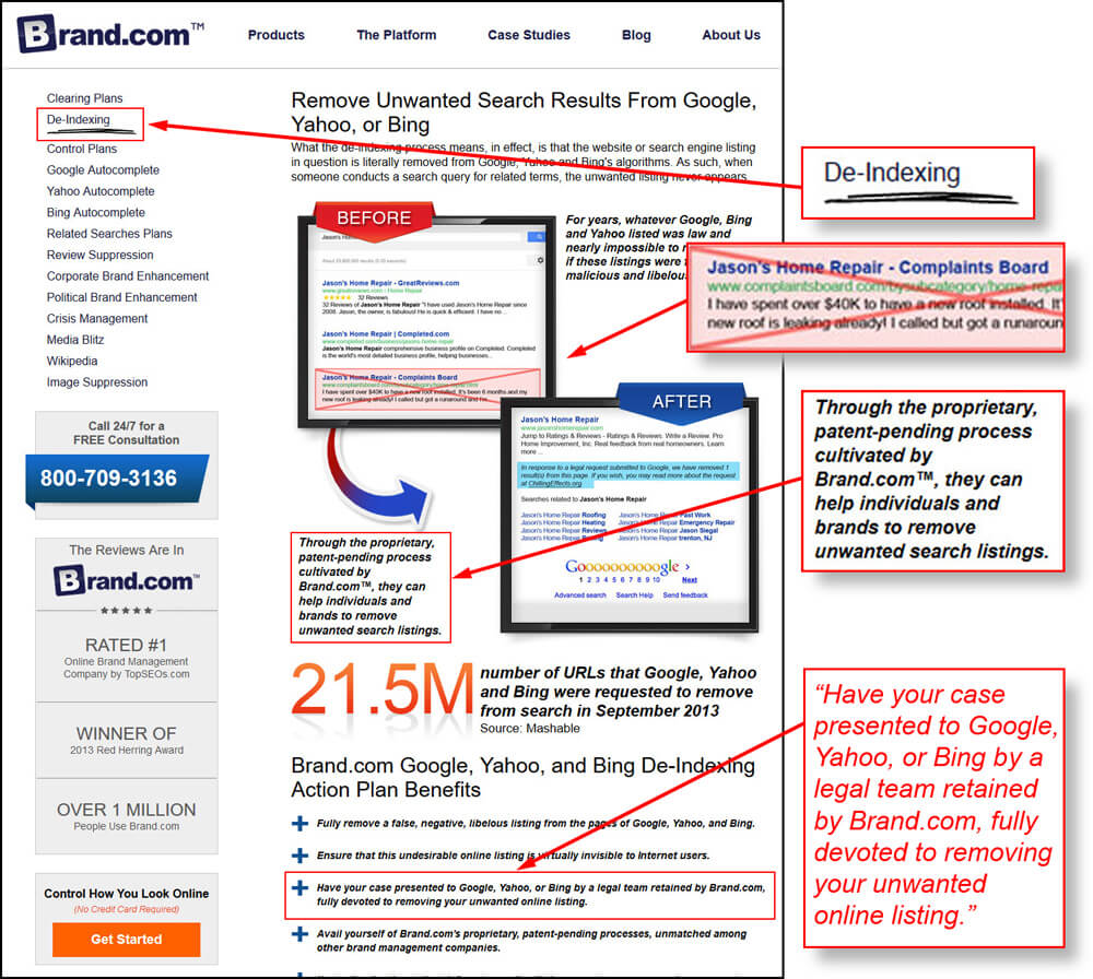 De-Indexing Services Page from the former Brand.com reputation management company