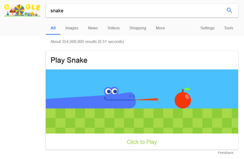 Google's latest Easter Egg is a video game that shows up with searches for ' snake' & 'play snake