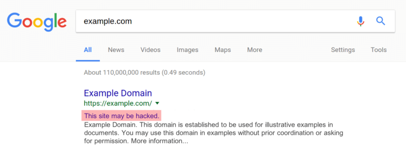 Предупреждение о взломе в поисковой выдаче – ВЫДЕЛЕНО