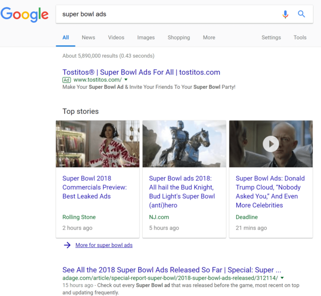 Super Bowl Ads Google Serp