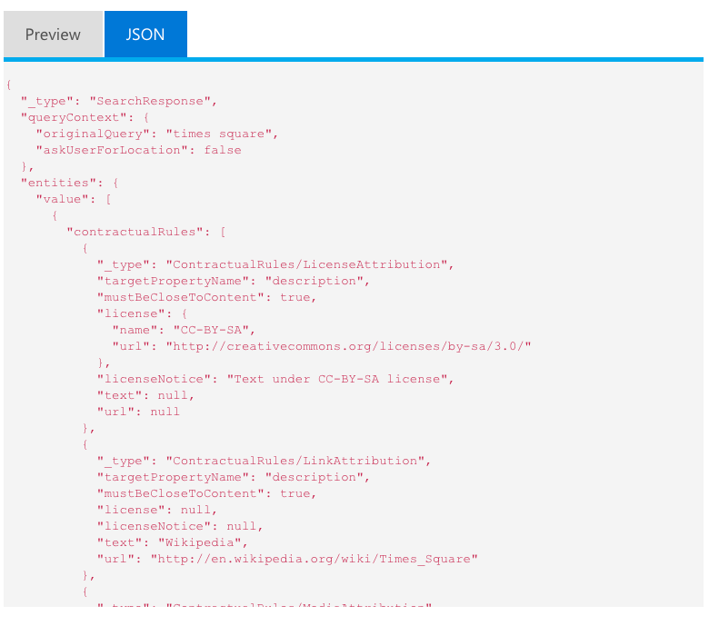 Bing Entity Search API Json