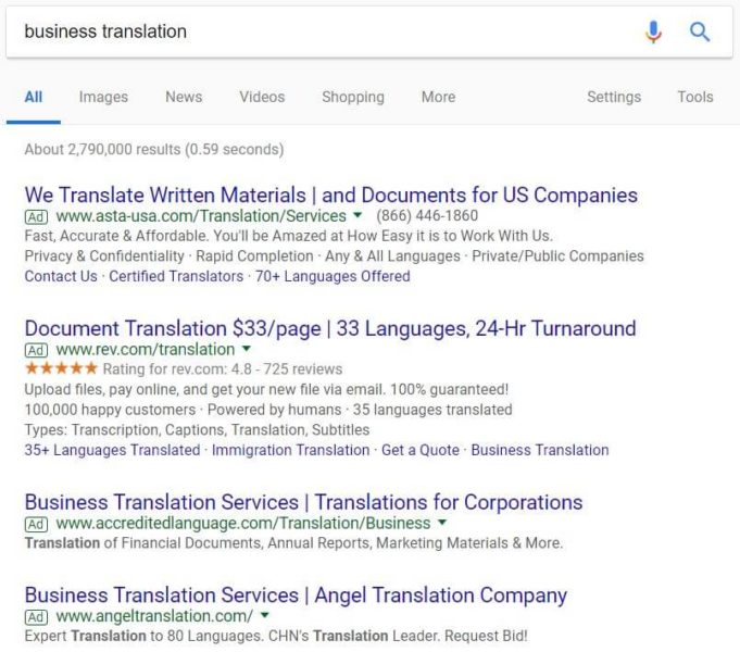 Business Translation Google Search Results