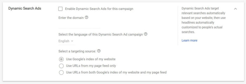 Fig 34 Dynamic Search Ads Settings In Google AdWords 800x275