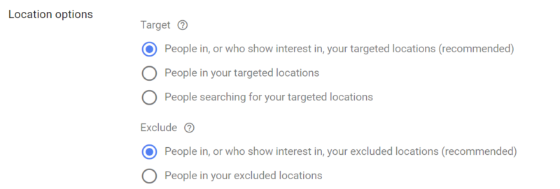 Fig. 33 Default Settings For Location Options 800x271