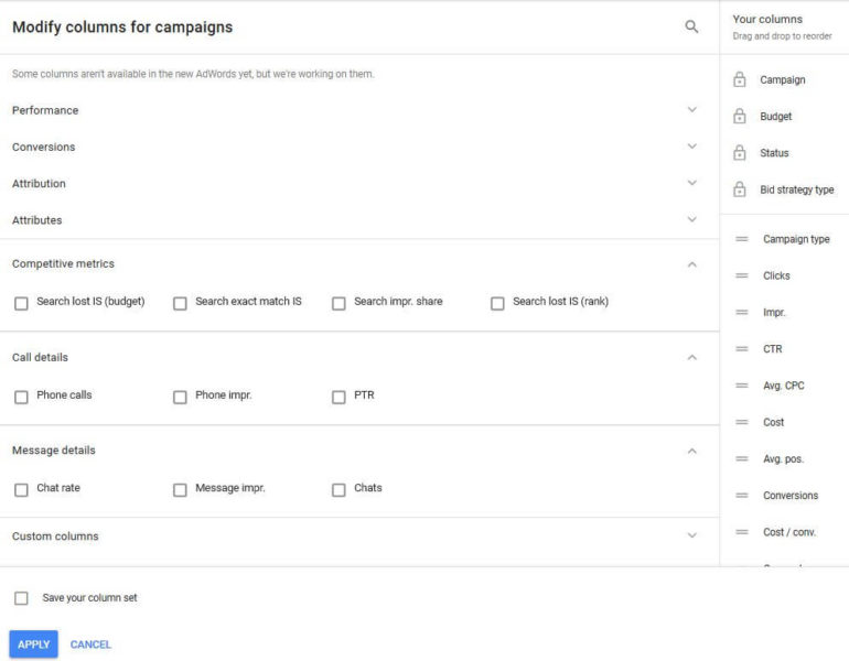 Fig. 7 Reporting Columns In AdWords 770x600