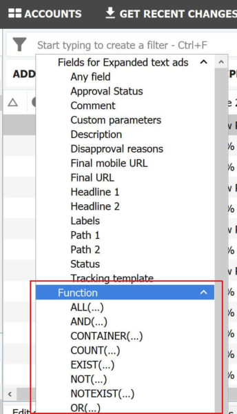 Google Adwords Filter Functions