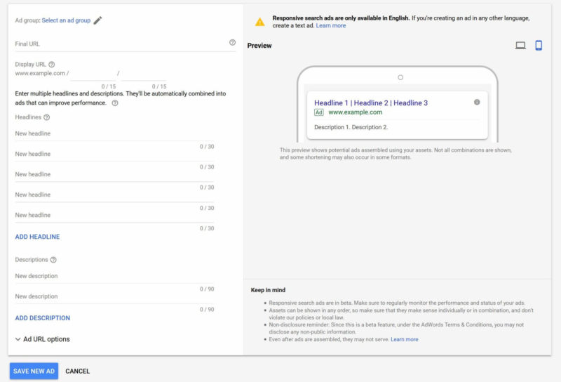 Google Adwords Responsive Search Ads Set Up