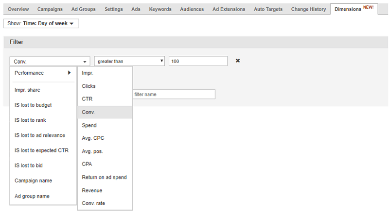 Bing Ads Dimensions Tab Filters